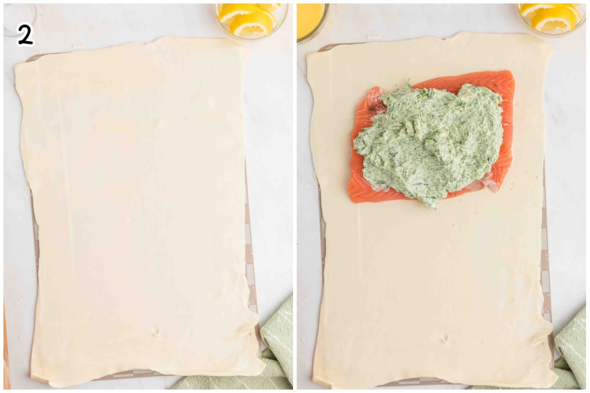 Two-step collage showing puff pastry being prepared for salmon Wellington. First image shows a sheet of puff pastry rolled out on parchment paper. The second image shows a salmon fillet on the pastry and topped with a creamy spinach mix.