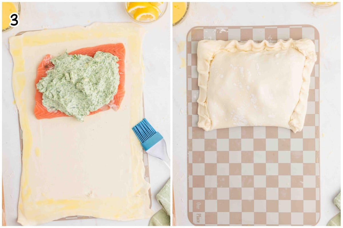Two-step collage showing the assembly of salmon Wellington.