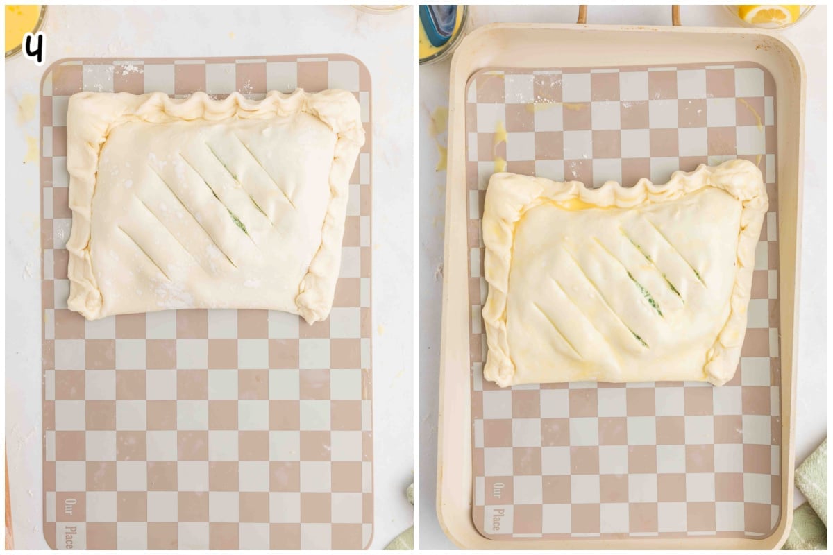 Two step collage showing the final preparation of salmon Wellington before baking. The first image shows slits cut into the top of the sealed puff pastry. The second image shows the pastry brushed with egg wash and placed on a baking sheet, ready to go into the oven.