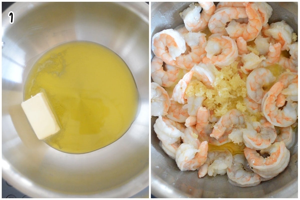 A collage of two images showing how to saure shrimp and make the scampi sauce.