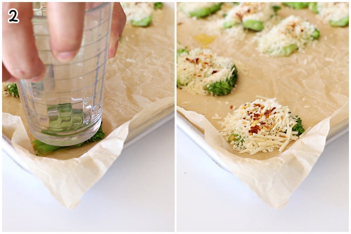 A two image collage showing how to make smashed broccoli. The left one shows a hand using the flat bottom of a glass to flatten a broccoli floret on a baking sheet. The right one shows the flattened broccoli florets topped with shredded cheese and a pinch of red pepper flakes.
