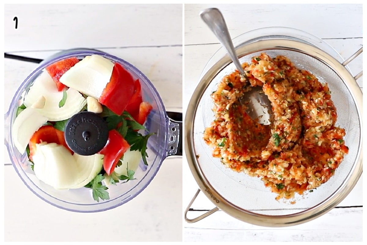 A two photo step by step process image. The left one shows a food processor bowl filled with onion, red bell pepper, garlic cloves, and fresh parsley leaves. The right one shows them after being finely minced, placed inside a metal fine mesh strainer over a bowl.