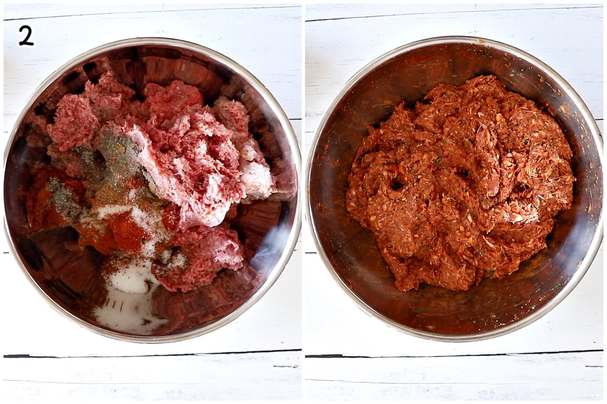 A two photo cooking collage, the left one shows raw ground meat in a large stainless steel mixing bowl, topped with ground spices. The right one shows Adana kebab meat after being thoroughly mixed and kneaded with the spices and minced vegetable.
