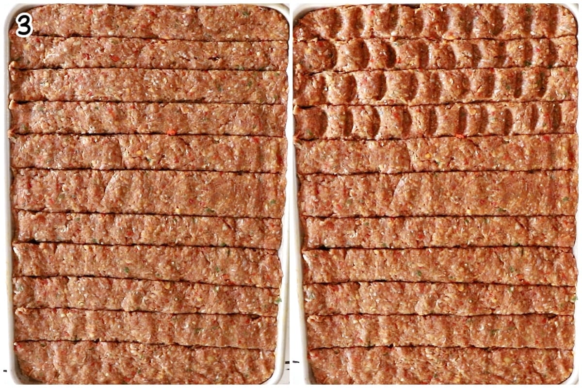 A two photo overhead image showing the kebab shaping process on a large sheet pan. The left one shows the kebab mixture pressed flat into a baking sheet, horizontally scored with deep lines into individual kebab strips. The right one shows wavy indentations pressed vertically across the top to mimic a traditional grilled look.