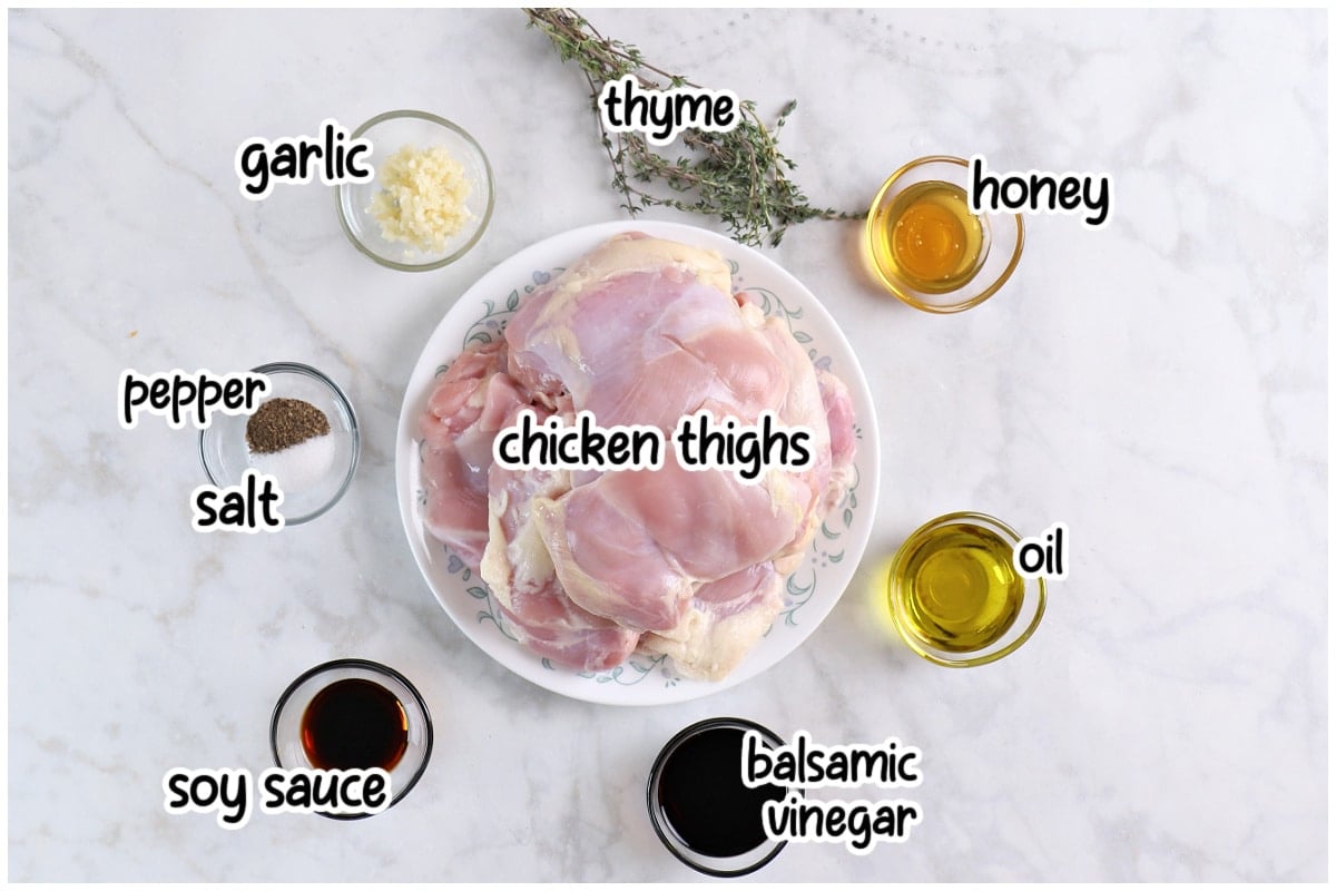 Overhead flat-lay of ingredients for the balsamic chicken with text overlay.