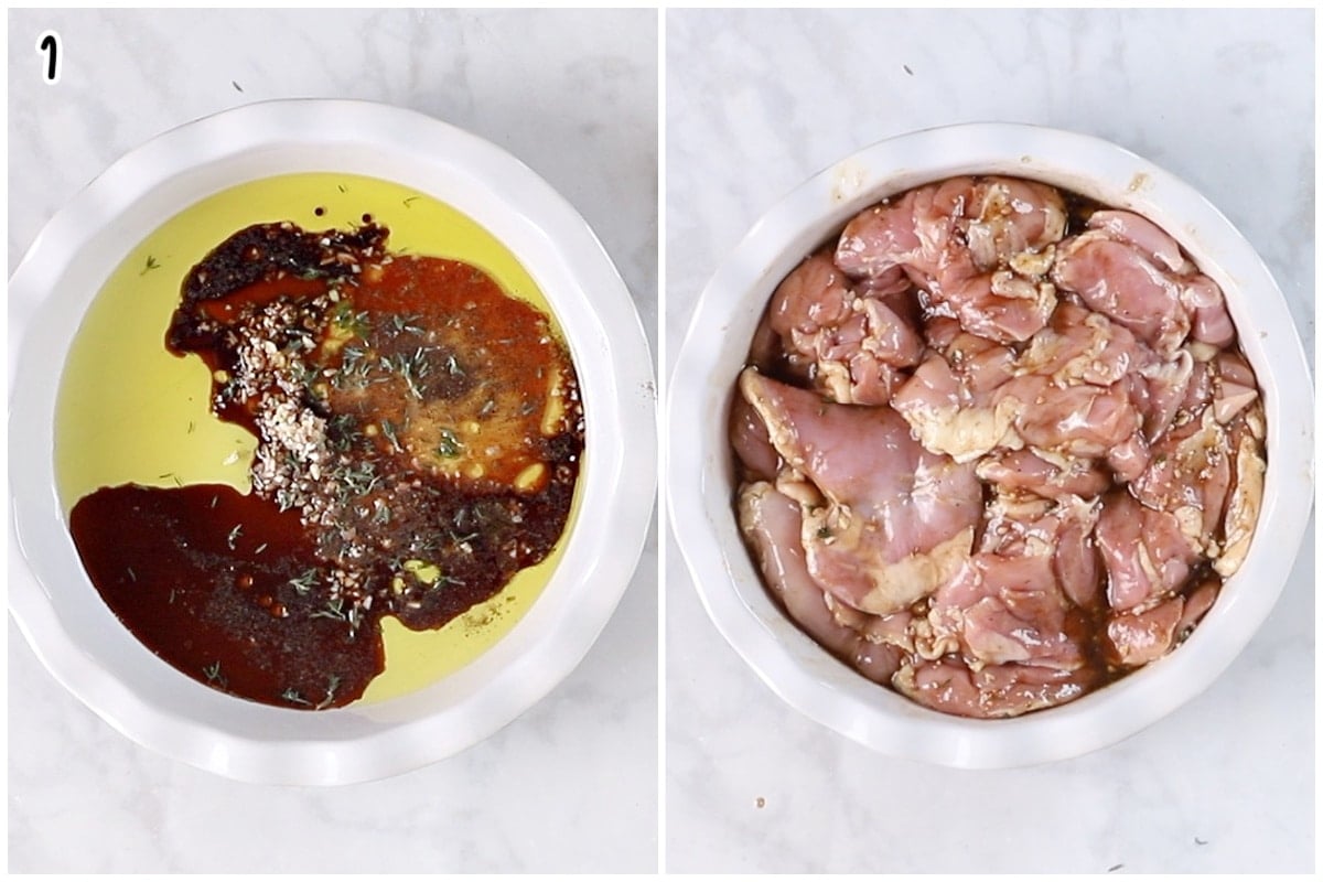 Step-by-step collage showing balsamic chicken marinade preparation. On the left, a white bowl contains the marinade ingredients before mixing. On the right, raw boneless chicken thighs are coated in the dark balsamic marinade in the same bowl.