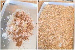 Step 1 of crispy rice salad preparation: cooked white rice mixed with spices and oil on a baking sheet (left), then spread into an even layer across the pan ready for baking (right).