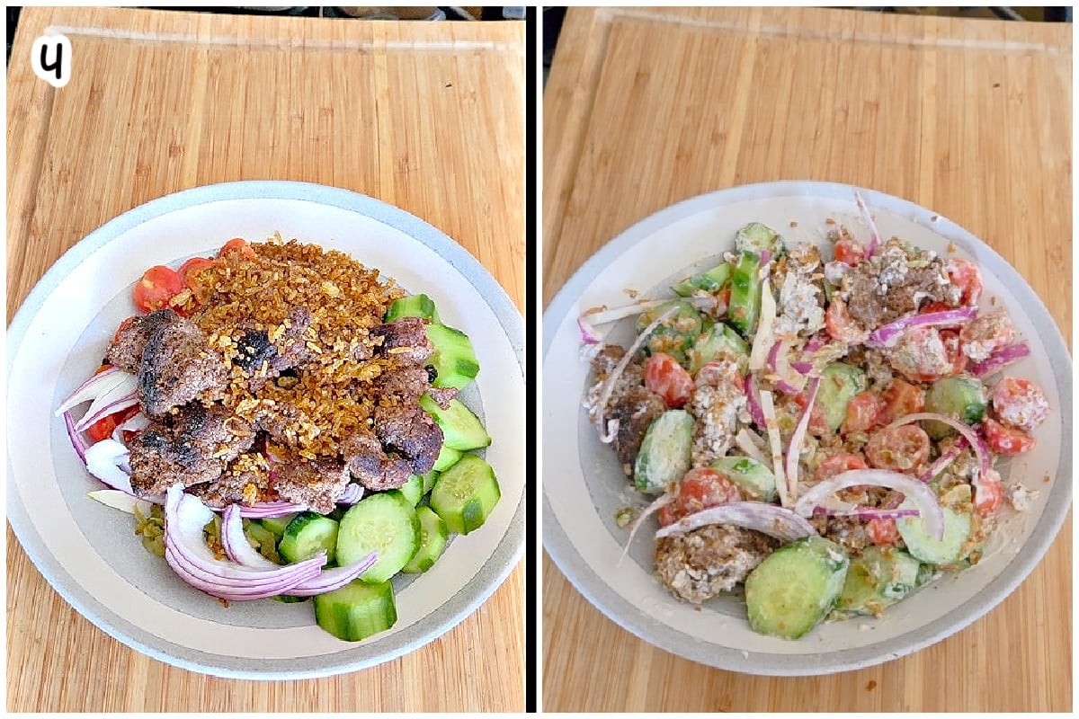 A bowl layered with cucumbers, cherry tomatoes, red onion, cooked meat, and crispy rice before dressing (left), then all ingredients tossed together with creamy white dressing (right).