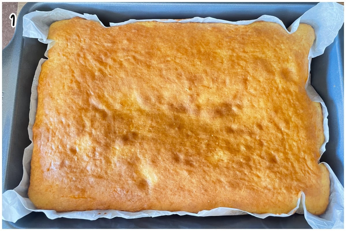 Baked yellow cake cooling in a parchment-lined baking pan, ready to be cut into rounds for Dot Cakes.