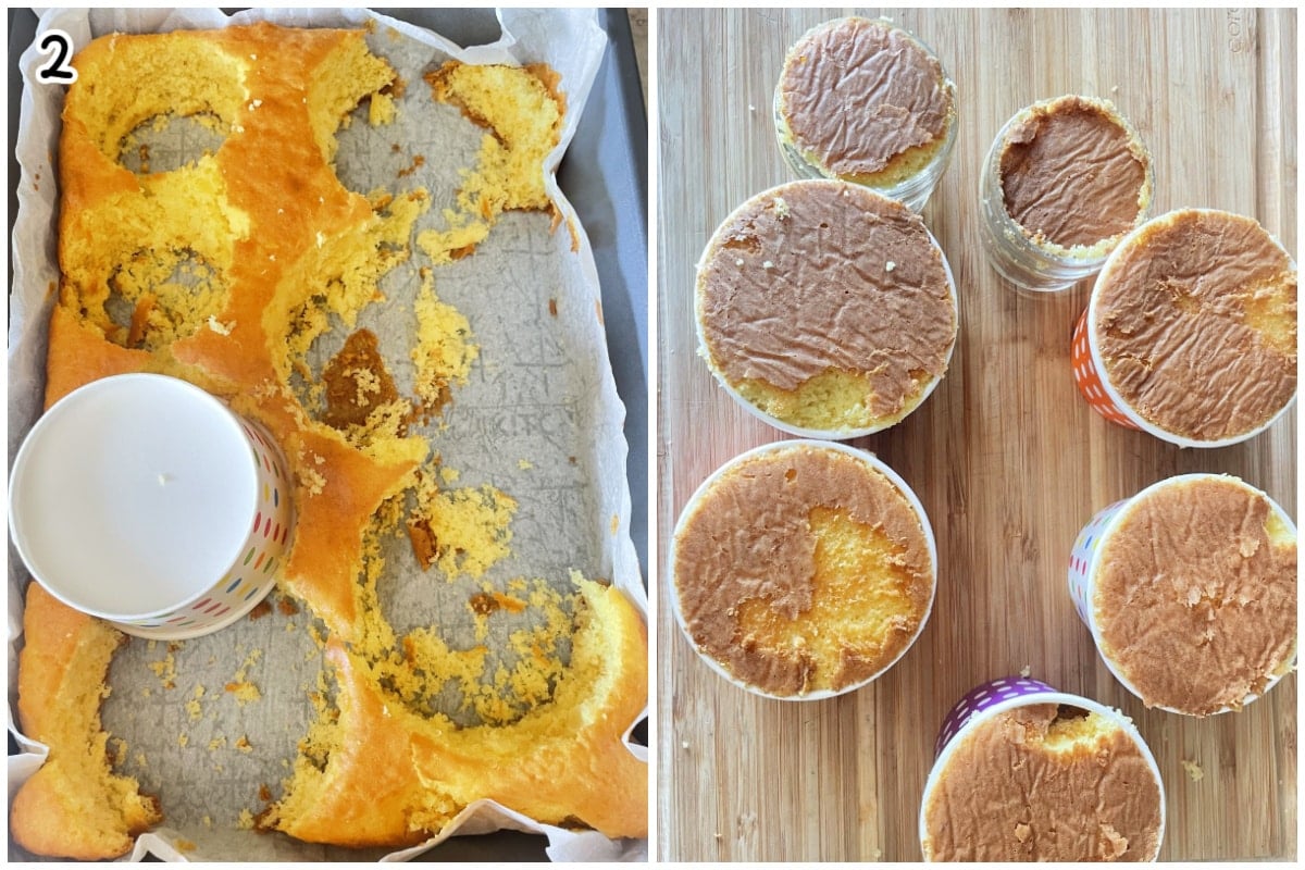 Step-by-step photos showing cake rounds cut from the baking pan using a cup, then pressed into individual cups for Dot Cakes.