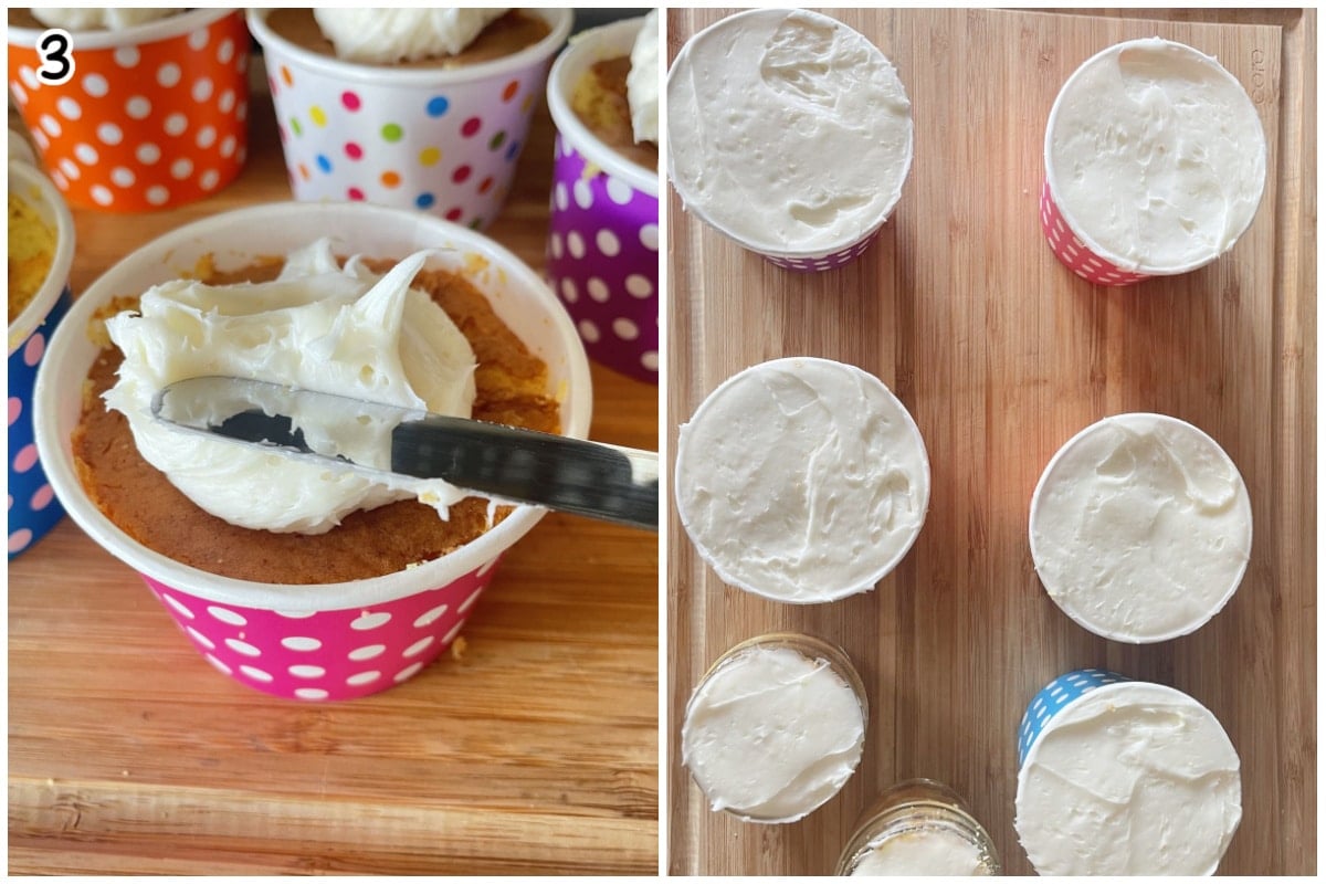 Photos showing frosting being spread over each cake-filled cup with a spatula, then leveled smooth before adding sprinkles for Dot Cakes.