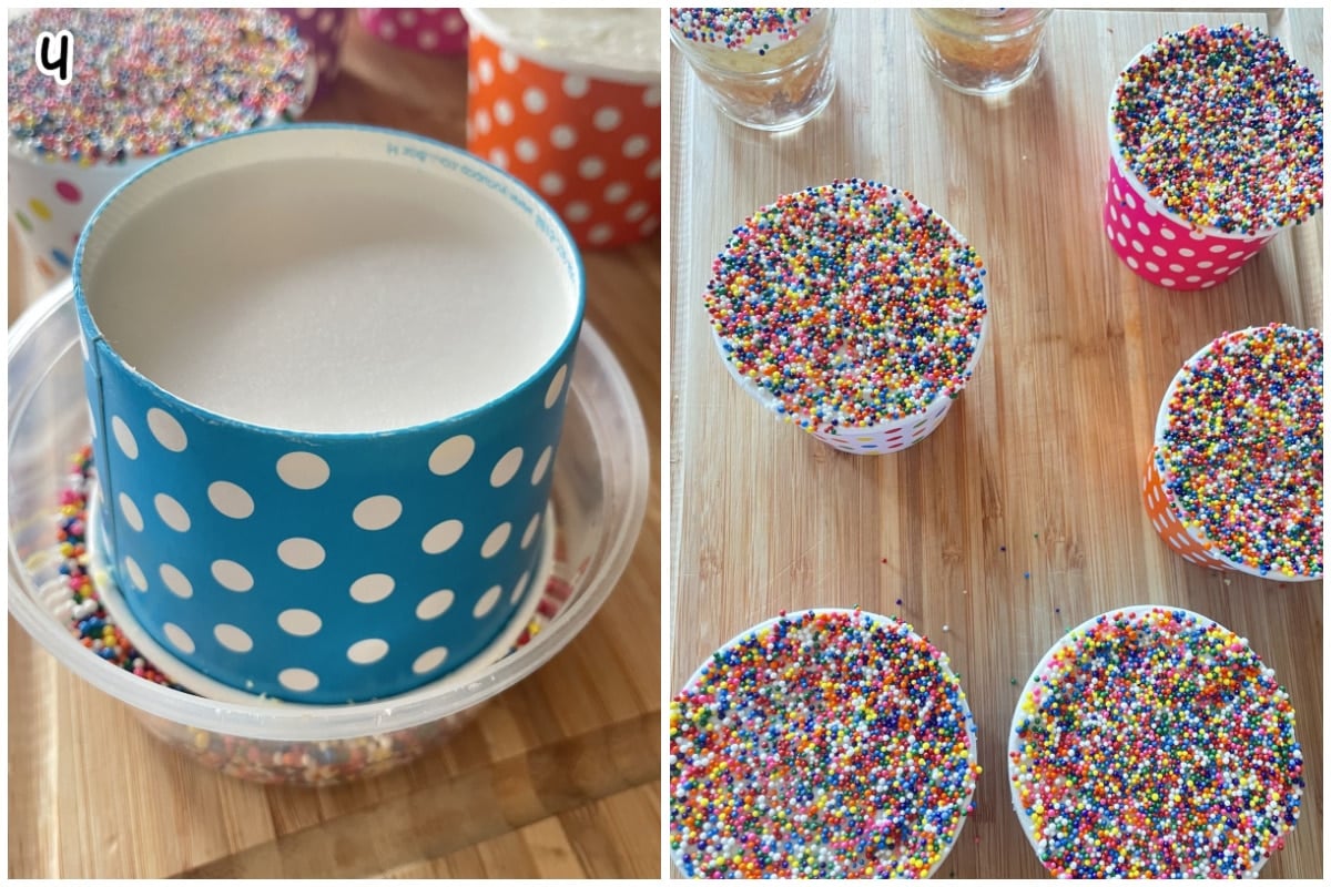 Step-by-step photos showing a frosted cup being dipped upside down into a bowl of sprinkles, then several finished Dot Cakes coated in rainbow sprinkles.