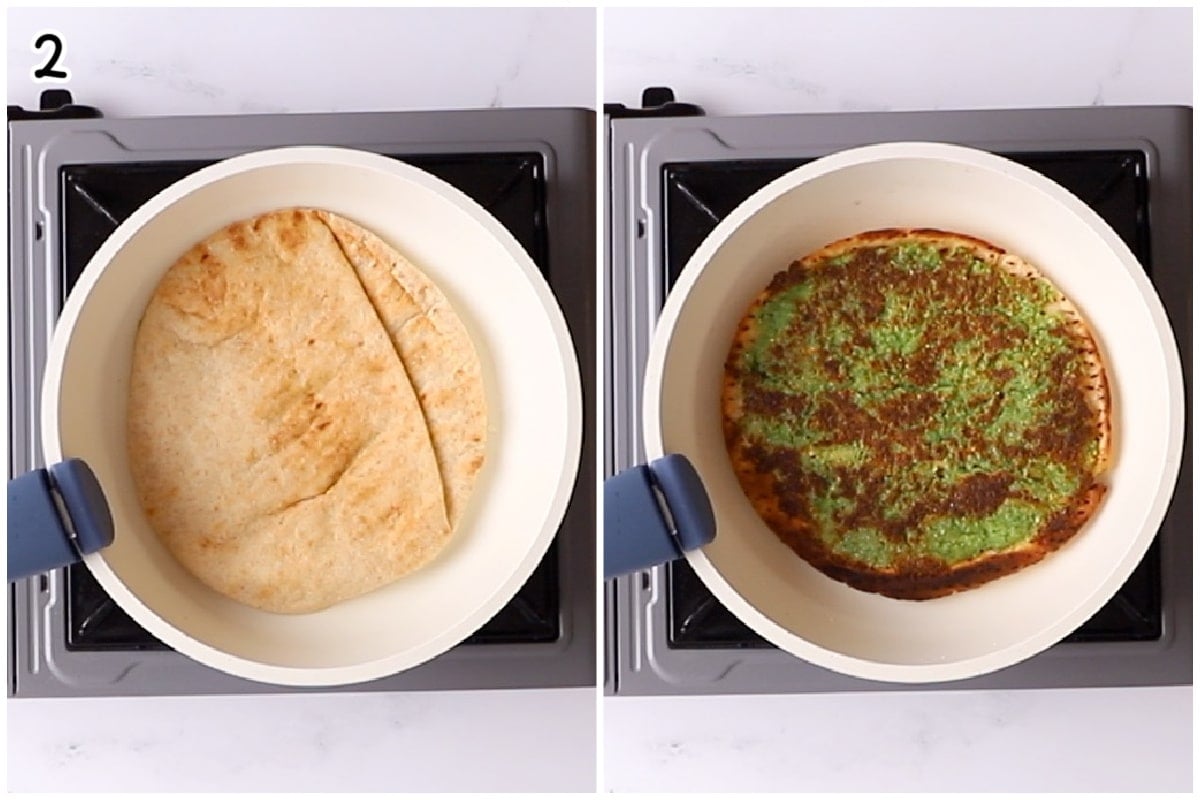 An image showing how to cook falafel tacos in a non stick pan.