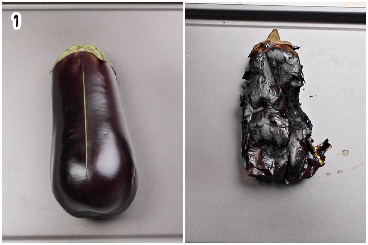 Step 1 collage showing a whole raw eggplant with a slit cut into its skin, next to the same eggplant after roasting with charred, blistered skin.