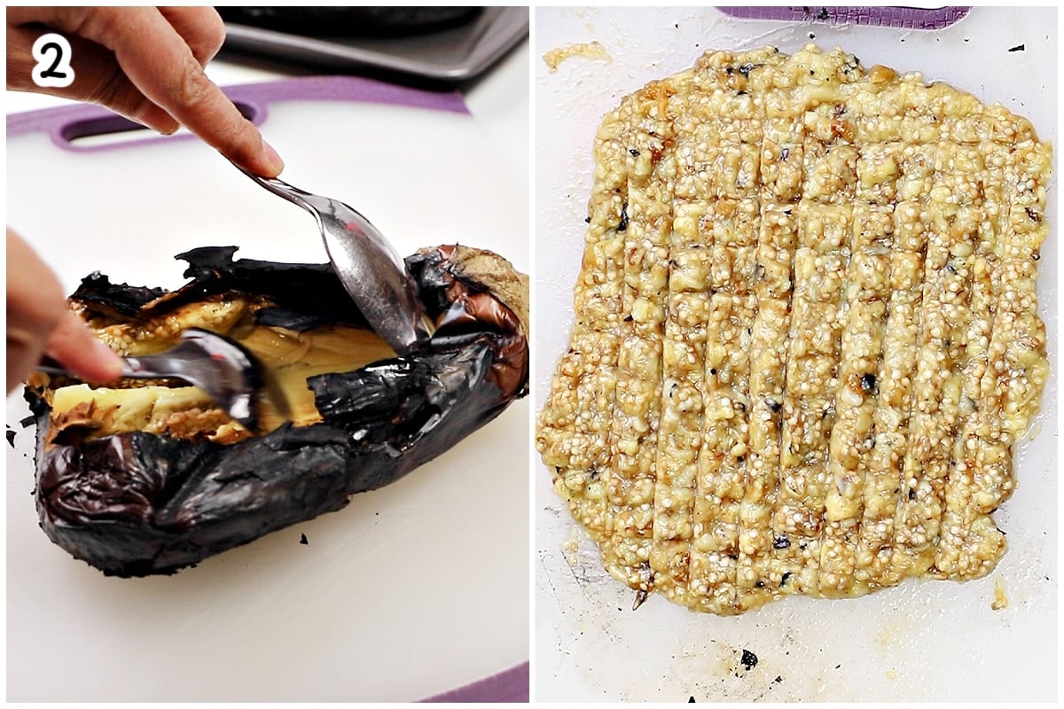 Step 2 collage showing hands scooping the soft flesh out of a charred roasted eggplant, next to the scooped eggplant flesh spread flat on a cutting board.
