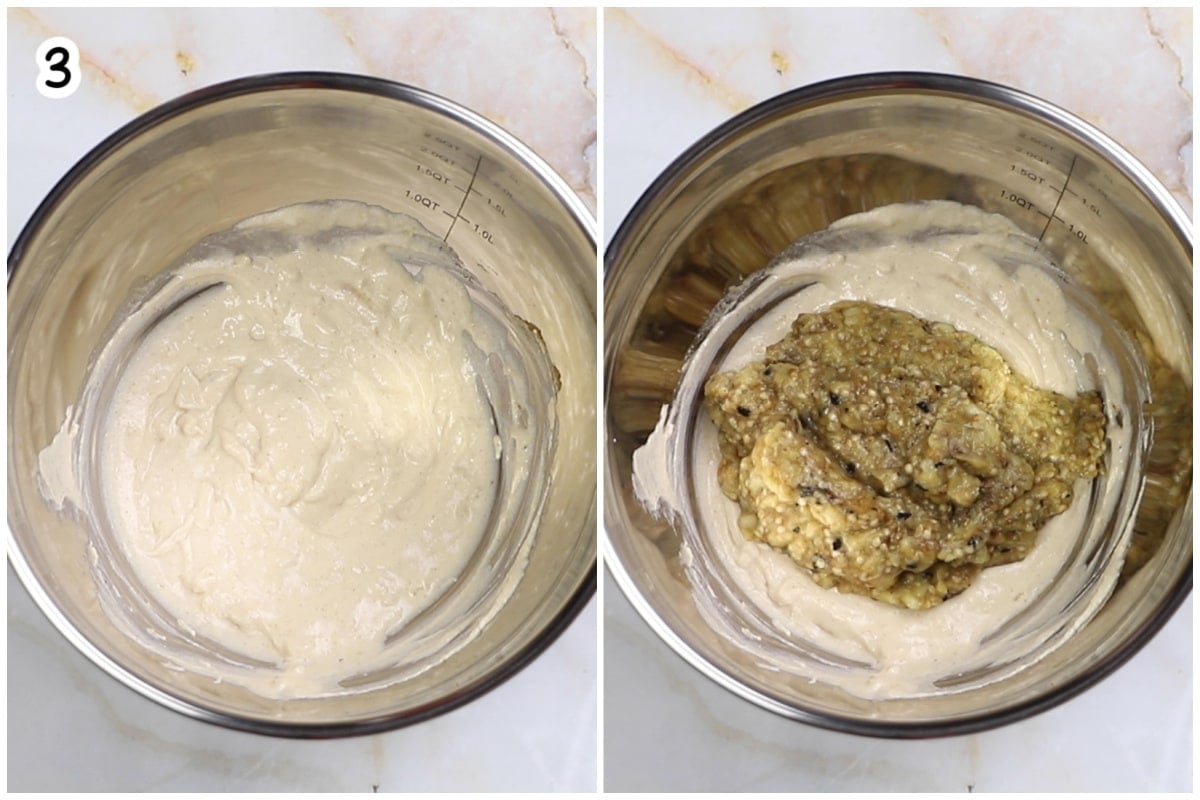 Step 3 collage showing a stainless steel bowl with whipped tahini mixture, then the roasted eggplant flesh added on top ready to be mixed in.