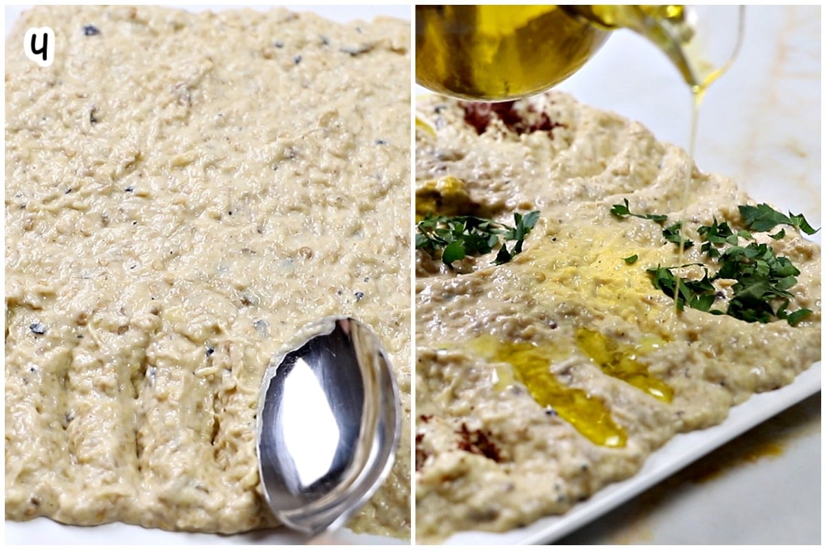 Step 4 collage showing the mutabal mixture being spread on a plate with a spoon, then finished with a drizzle of olive oil and chopped parsley on top.