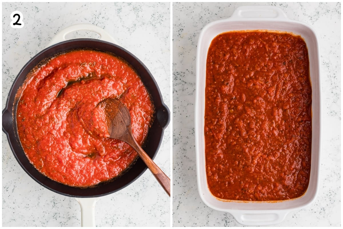 Step 2: Preparing the marinara sauce in a skillet and spreading a layer of it into the bottom of a rectangular baking dish.