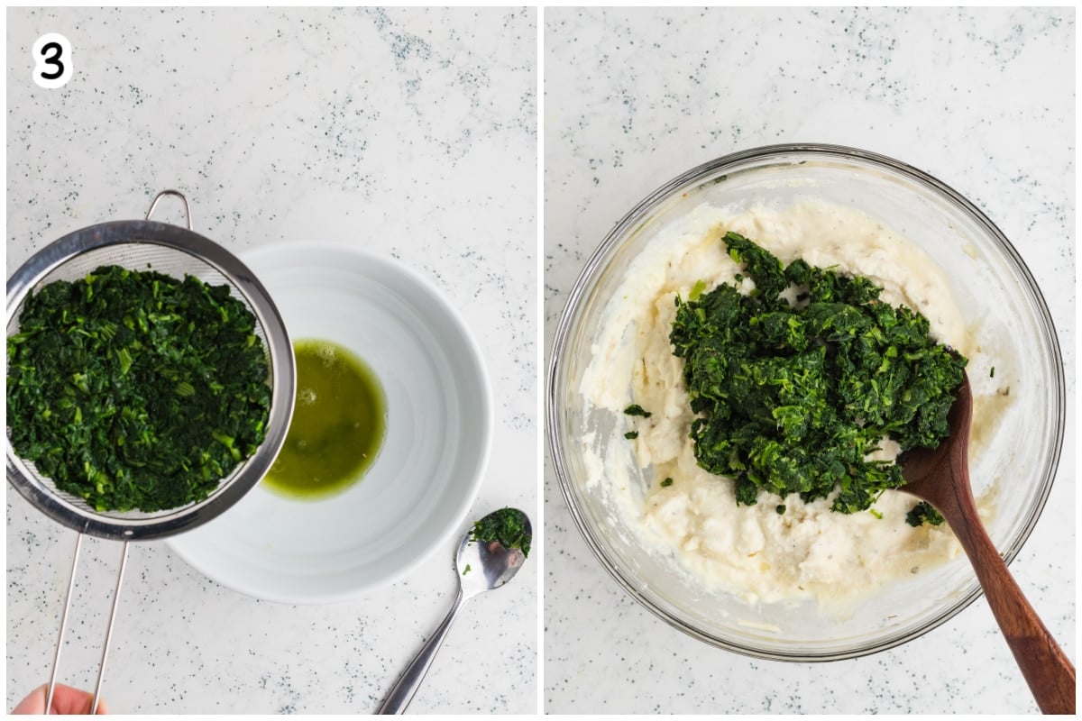Step 3: Draining the liquid from cooked spinach and adding it to the ricotta cheese filling mixture.