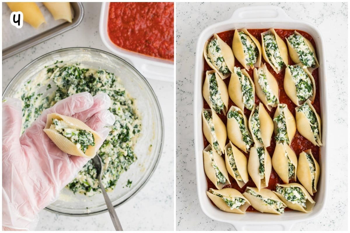 Step 4: Stuffing the jumbo conchiglioni pasta shells with the spinach cheese filling and placing them into the prepared baking dish.