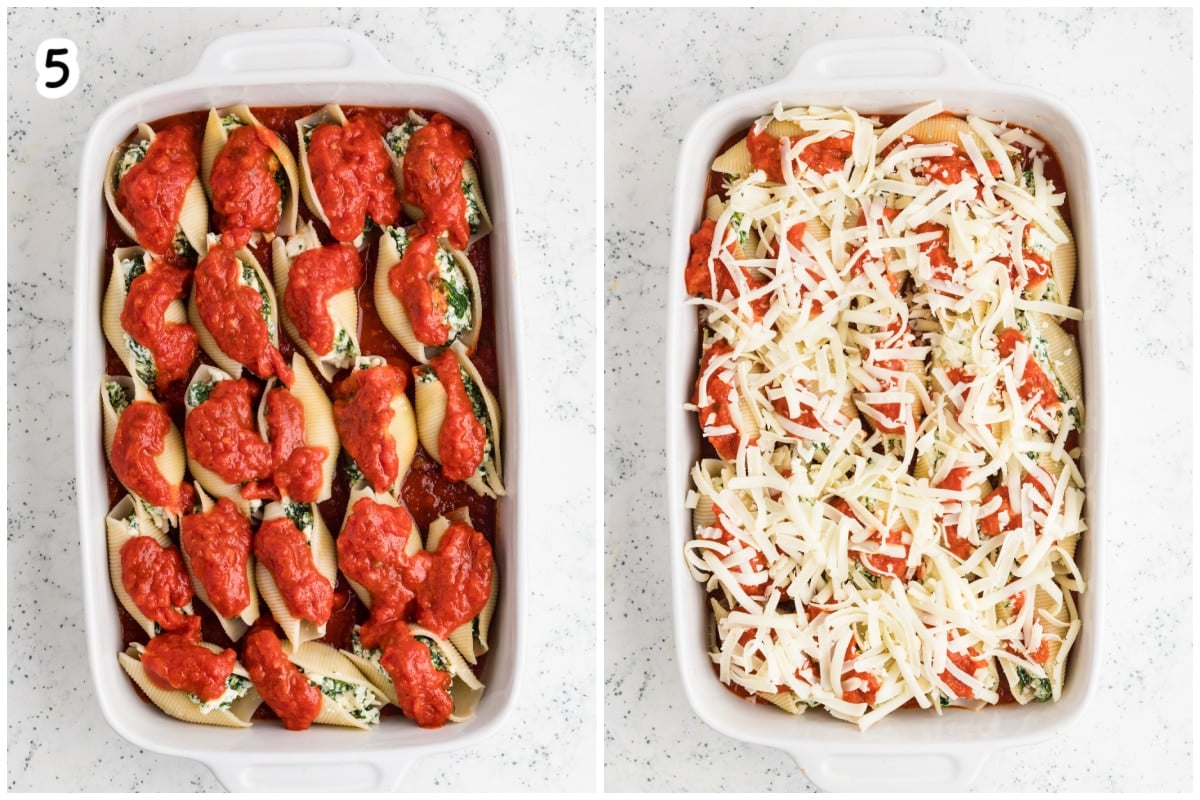 Step 5: Topping the stuffed pasta shells with additional marinara sauce and a layer of shredded cheese before baking.
