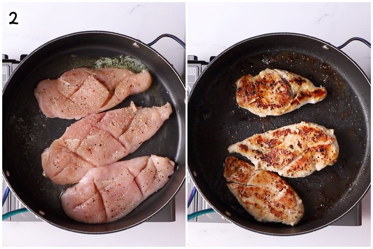 Seasoned chicken breasts before and after searing in a skillet, showing the raw scored chicken on the left and golden-browned chicken on the right.