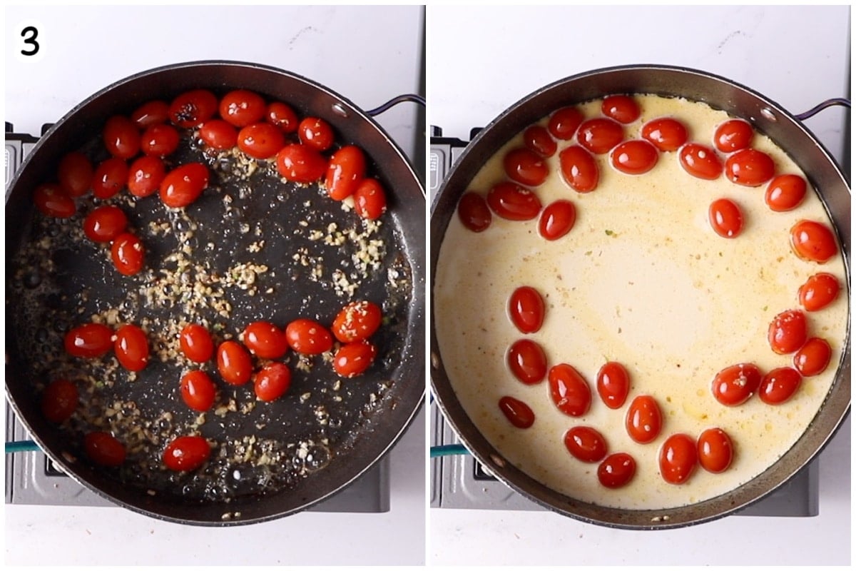 Minced garlic and tomatoes sautรฉing in butter on the left, then cream is added to the skillet on the right.