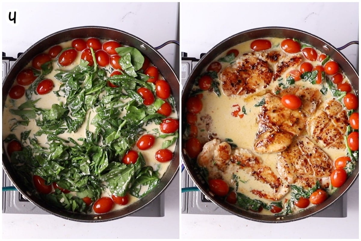 Spinach and cherry tomatoes wilting in creamy sauce on the left, then seared chicken breasts returned to the skillet with the sauce on the right.