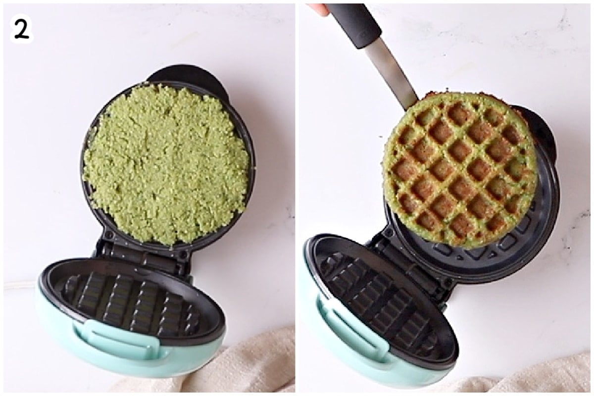 Falafel batter in a mini waffle iron before and after cooking, showing the finished falafel waffle being removed with a spatula.