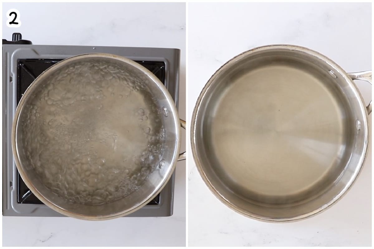 Two overhead shots of a saucepan: brine boiling on the stovetop (left), then cooled and removed from heat (right).