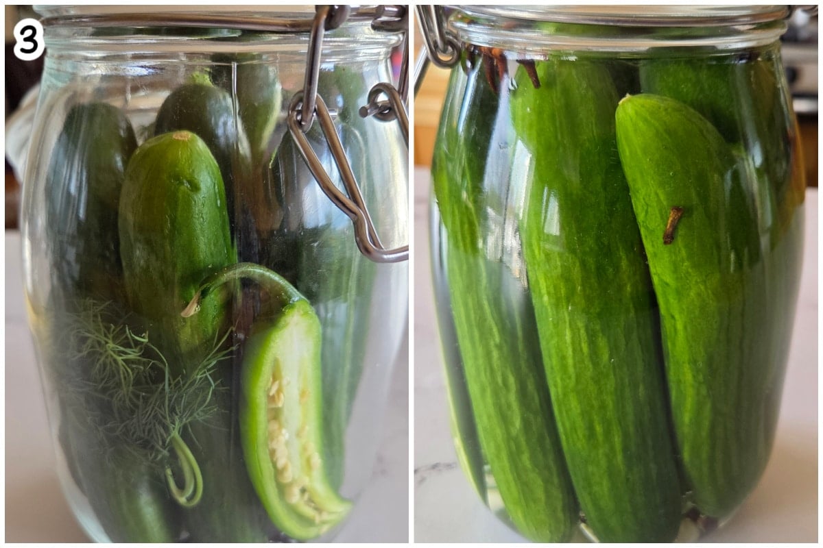 Two views of cucumbers, jalapeรฑo, and dill packed into a glass swing-top jar before adding brine.