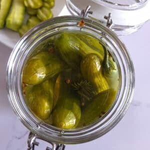 Overhead view of an open swing-top glass jar packed with quick pickled cucumbers, jalapeรฑo, and dill in brine, on a marble surface.