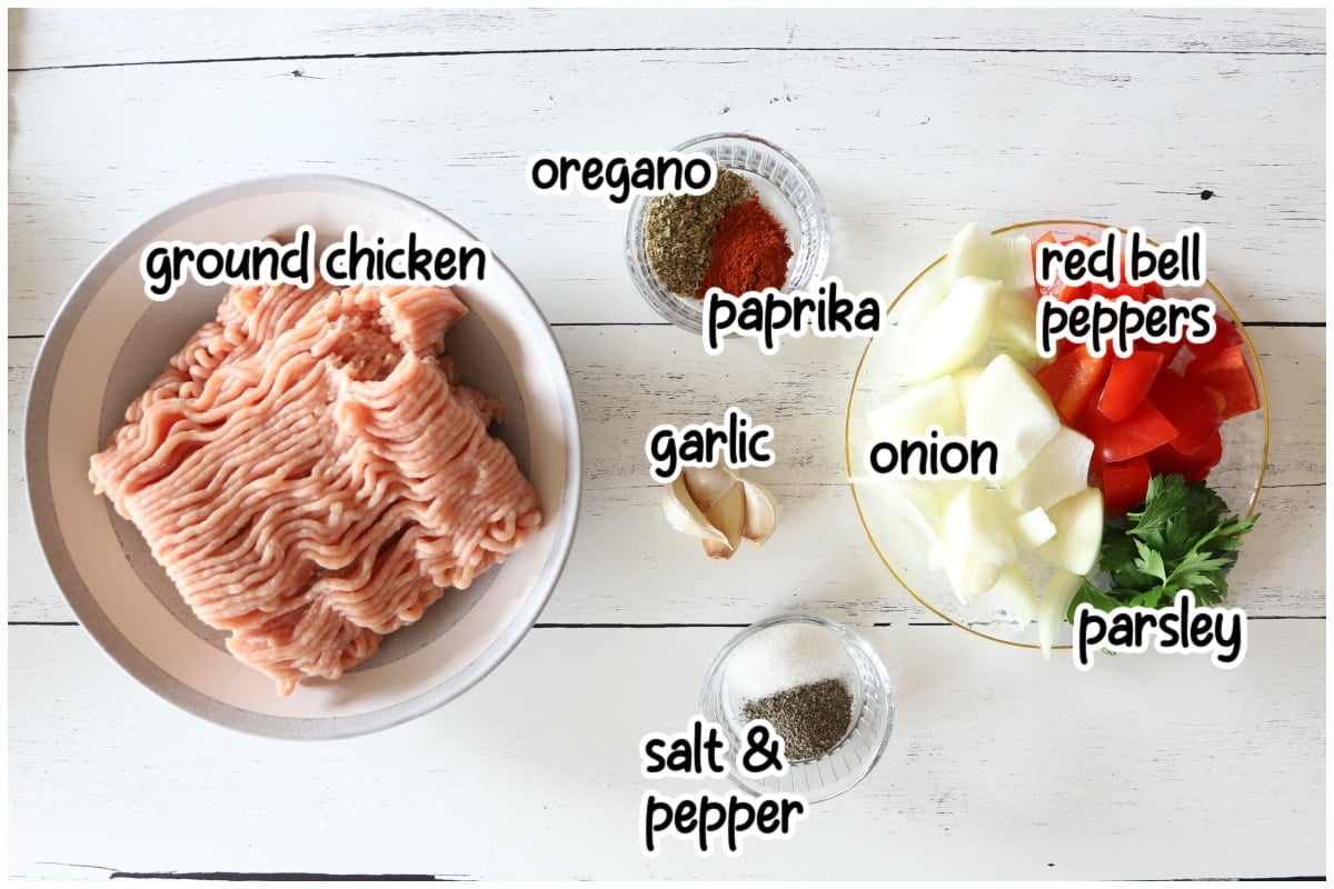Flat lay of sheet pan kebab ingredients on a white wooden surface, labeled with text overlays.