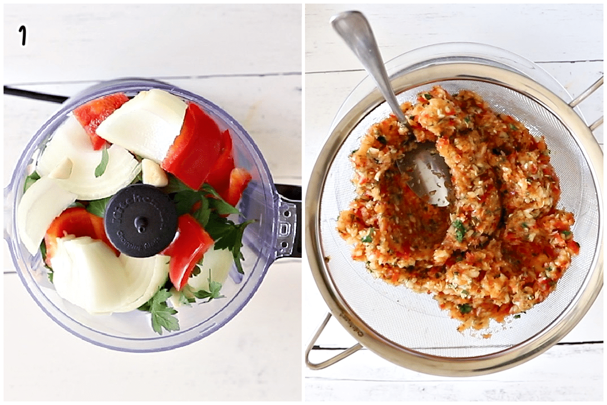 Two images photo: on the left, chunks of fresh vegetables in a food processor bowl; on the right, the finely processed vegetable mixture being drained of excess liquid through a fine mesh strainer with a spoon.
