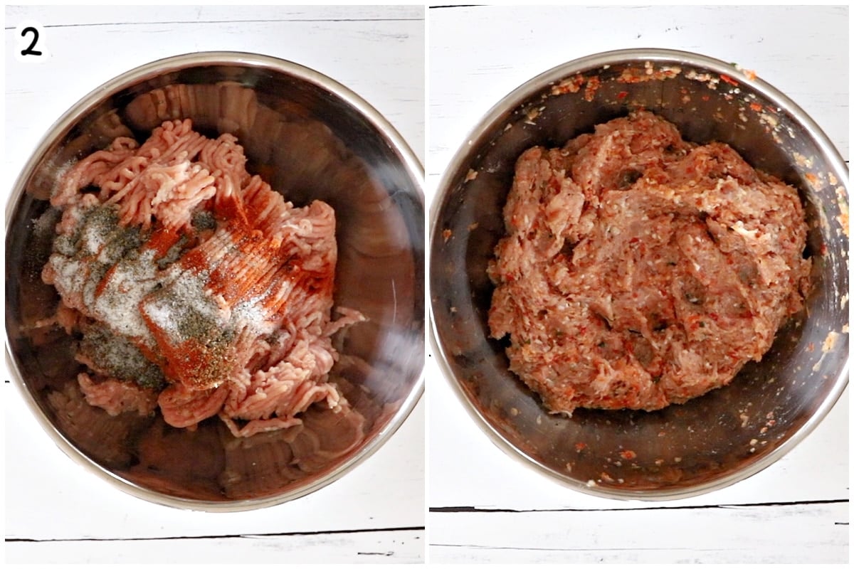 Raw ground chicken and spices in a mixing bowl, before and after combining.