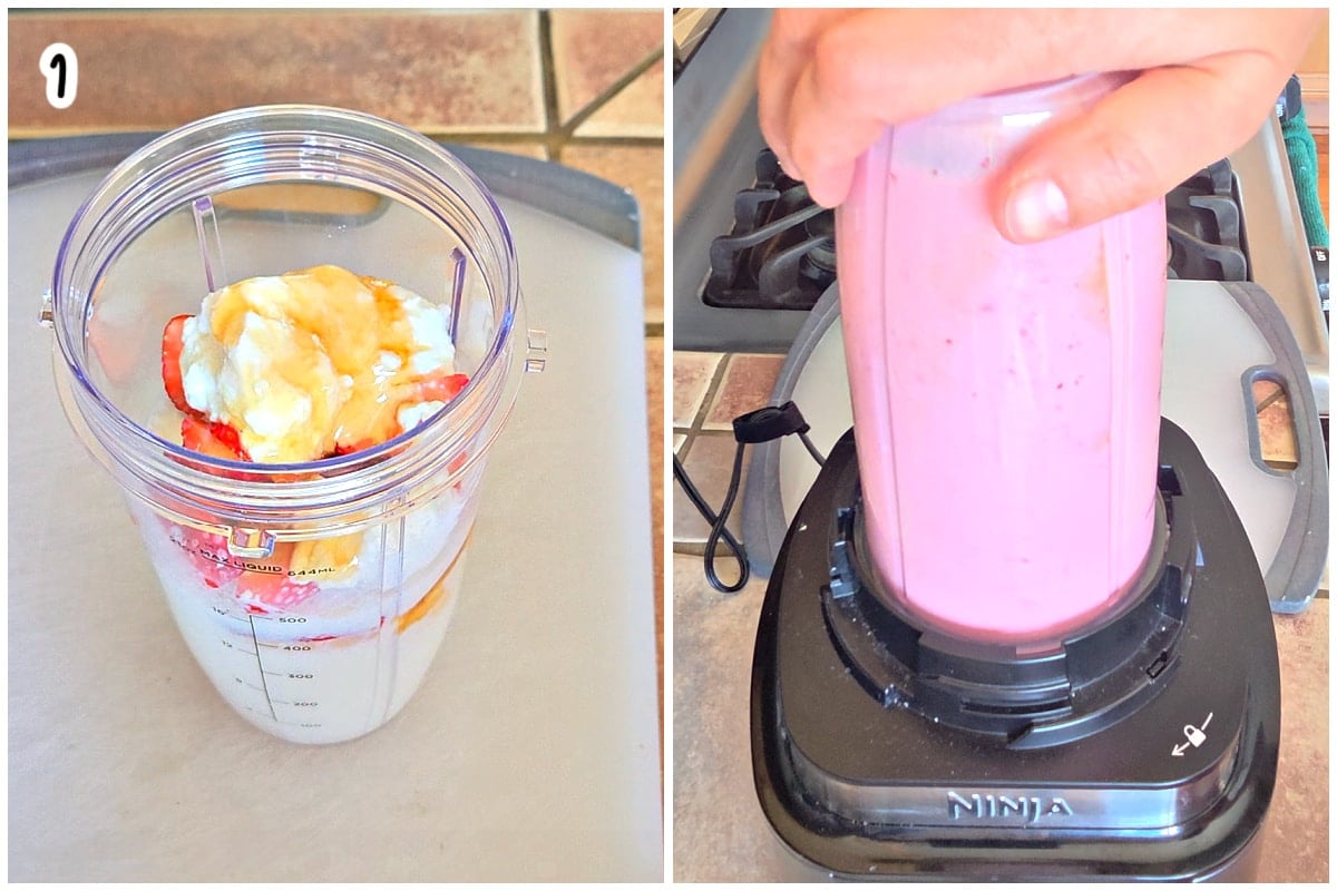 Two-step process image: (left) strawberries, banana, yogurt, and milk layered in a Ninja blender cup; (right) the blended creamy pink smoothie being lifted off the blender base.