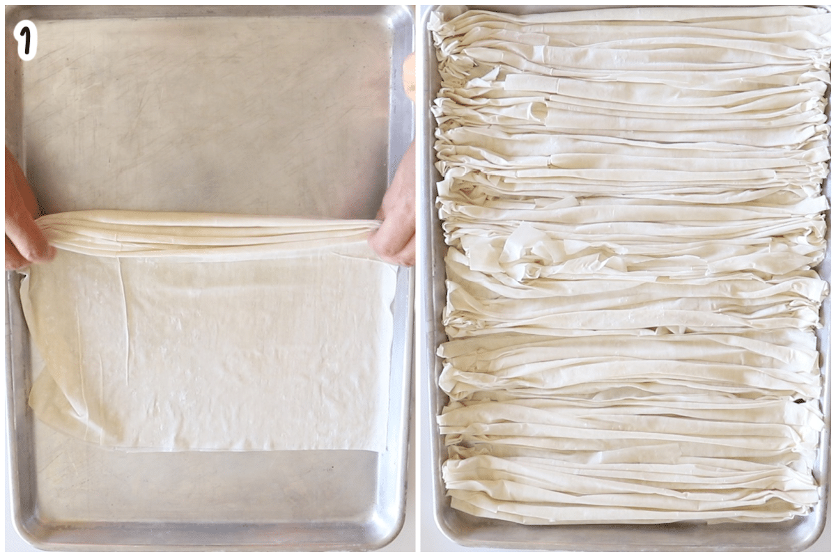 Step 1, two-photo collage: hands crinkling a sheet of raw phyllo dough into ruffled folds in a baking tray; then the full tray covered edge to edge with rows of crinkled, unbaked phyllo strips.