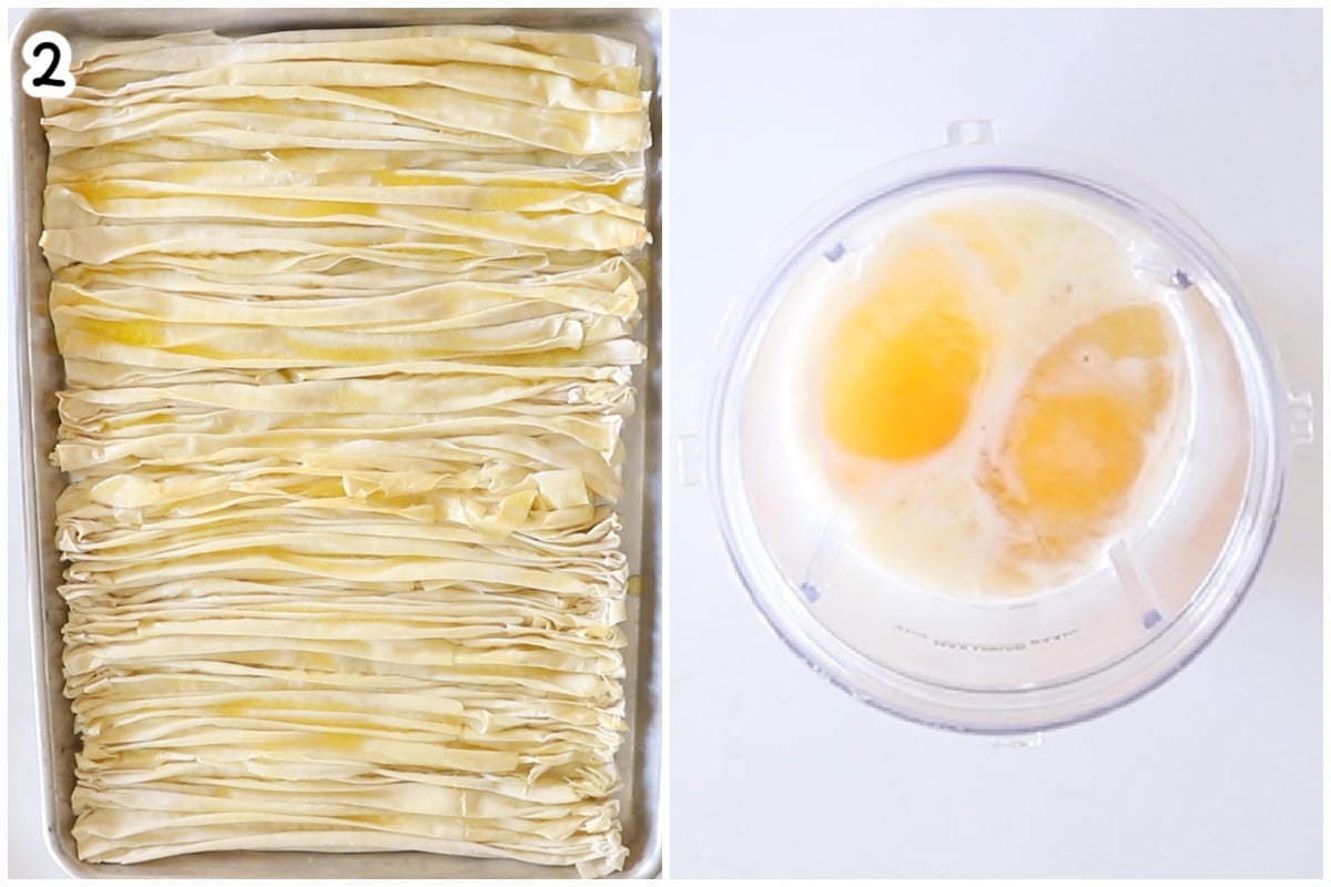 Step 2, two-photo collage: crinkled phyllo strips in a tray brushed with melted butter; then whole eggs and milk being combined in a blender for the custard mixture.