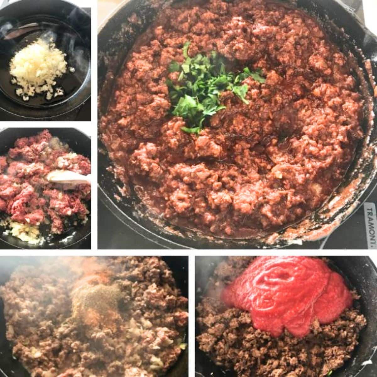 Five-photo collage of ground beef shawarma preparation: minced garlic in a pot; browning ground beef with garlic; spices being sprinkled over the cooked beef; tomato paste added to the skillet; and the finished beef simmering in a rich sauce topped with chopped parsley.