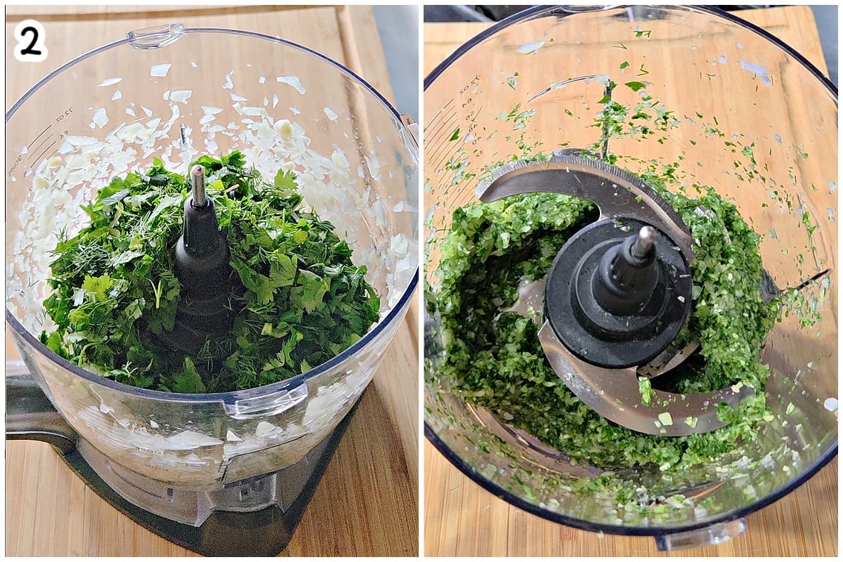 Step 2, two-photo collage: fresh herbs and onion piled in a food processor bowl before blending; then the mixture finely minced into a green paste.