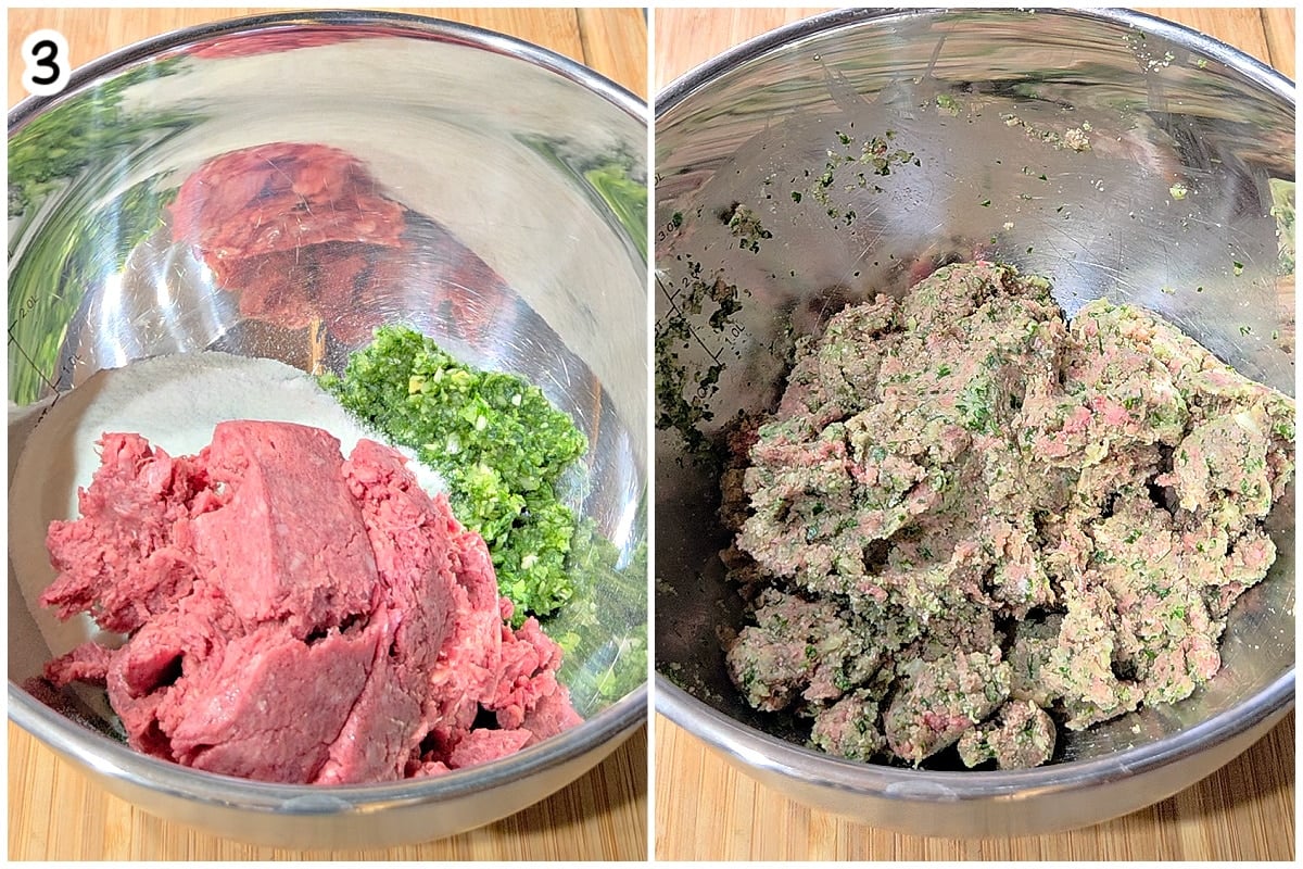 Step 3, two-photo collage: ground beef, seasonings, and minced herbs combined in a metal mixing bowl; then the mixture kneaded together into a uniform meatball mixture.