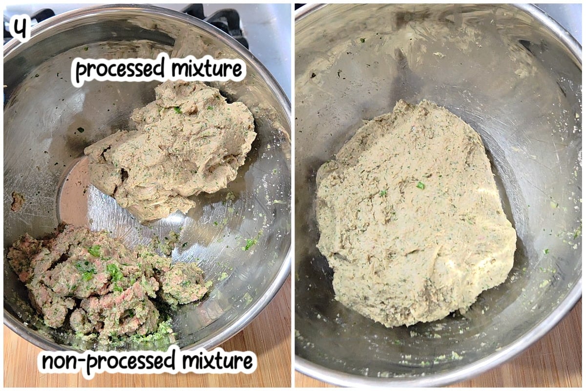 Step 4, two-photo collage: a metal bowl comparing smooth versus chunky ground meat blends; then the fully processed mixture smoothed into a uniform mass in the bowl.