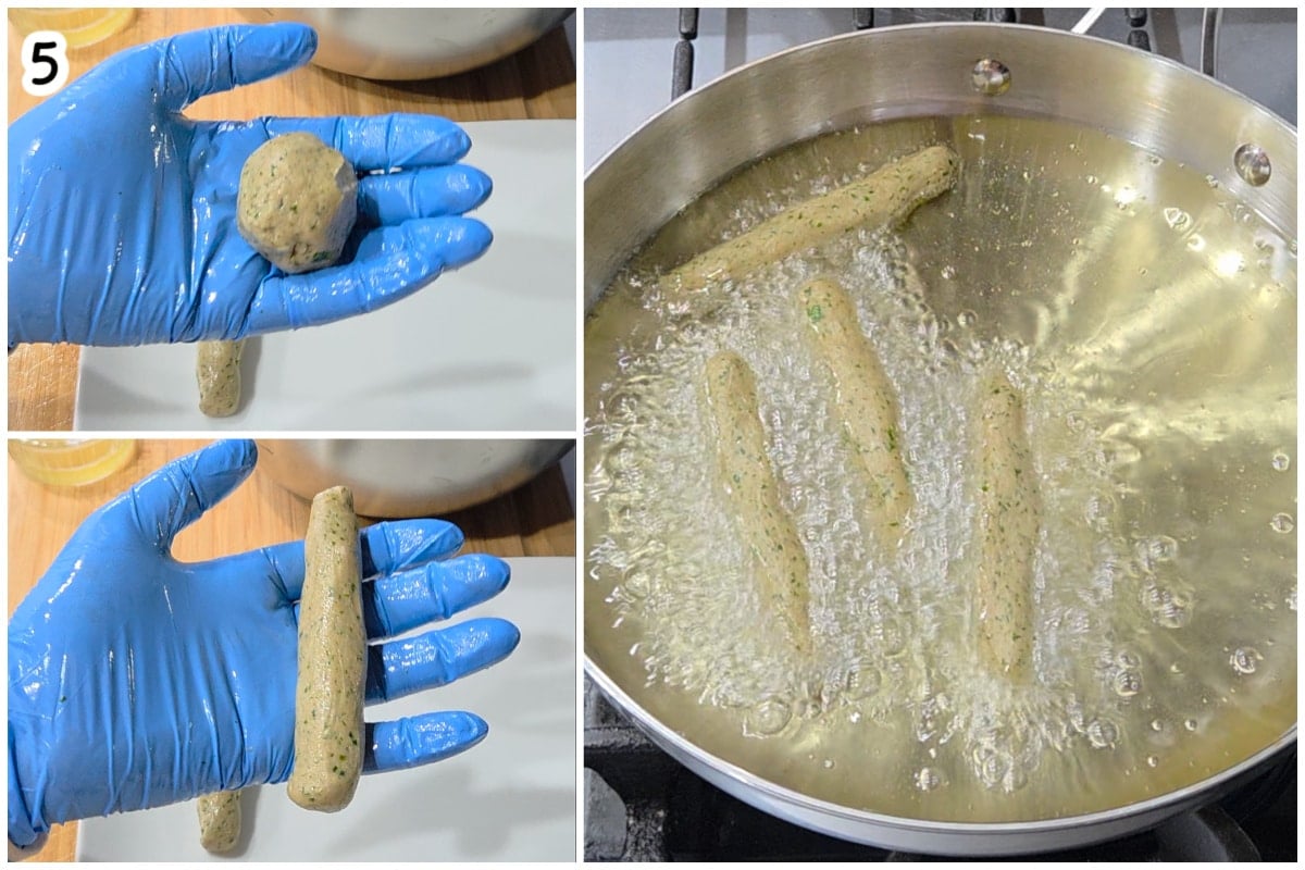 Step 5, three-photo collage: a gloved hand shaping the meat mixture into a ball, then rolling it into an elongated log; then several logs frying in bubbling oil in a pot on the stove.