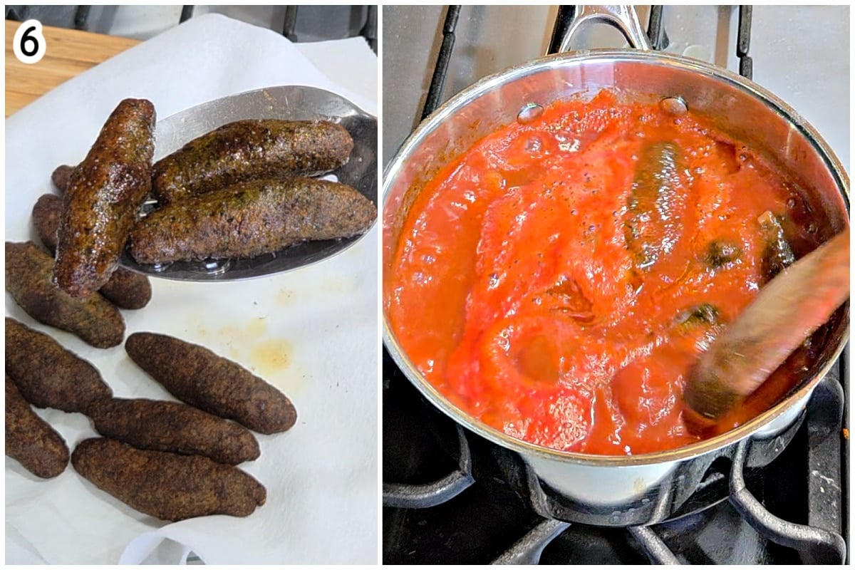Step 6, two-photo collage: fried meat logs draining on paper towels; then the logs simmering in a bubbling tomato sauce in a pot on the stove.