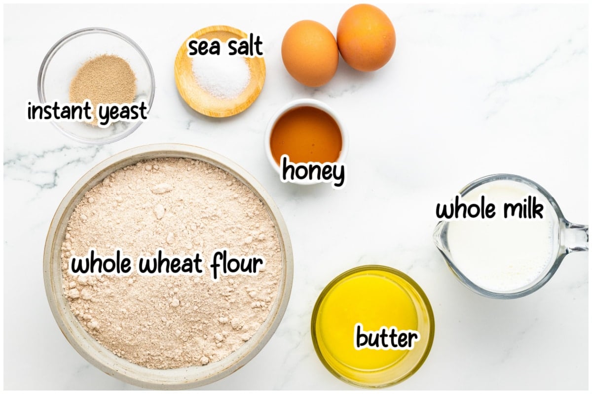 Ingredients for the whole wheat rolls with labels.