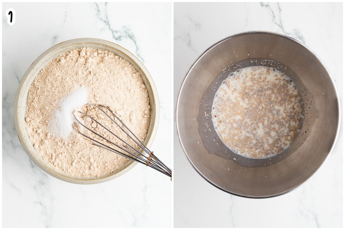 Step 1 collage showing whole wheat flour and salt being whisked together in a bowl on the left, and warm milk with yeast activating in a metal mixing bowl on the right.