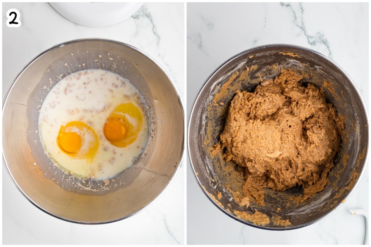 Step 2 collage showing two eggs added to the yeast mixture in a mixing bowl on the left, and the shaggy, mixed whole wheat dough on the right.