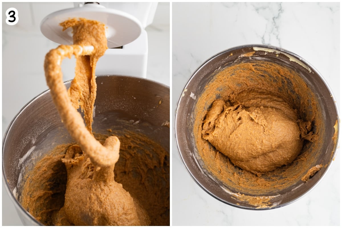 Step 3 collage showing whole wheat dough being kneaded on a stand mixer's dough hook on the left, and the smooth, kneaded dough resting in the mixing bowl on the right.