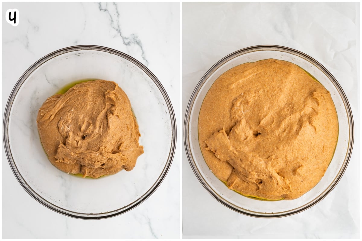 Step 4 collage showing whole wheat dough placed in an oiled glass bowl before rising on the left, and the same dough doubled in size after rising on the right.