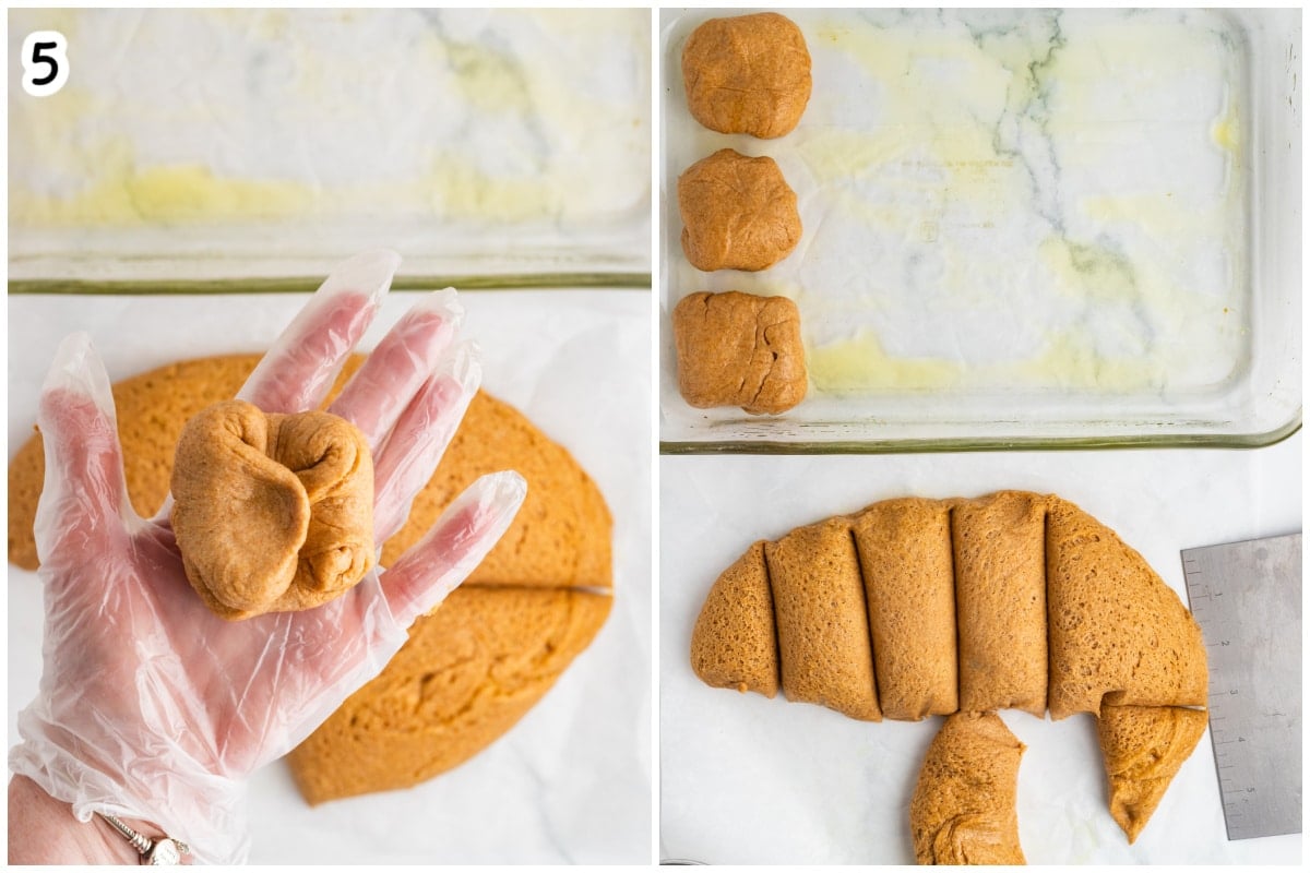 Step 5 collage showing a gloved hand shaping whole wheat dough into a ball on the left, and shaped dough balls placed in a buttered baking dish on the right